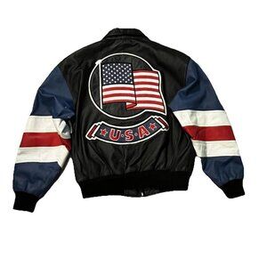 Michael Hoban Leather Bomber Jacket Black Men's Medium Vintage 90s USA Flag